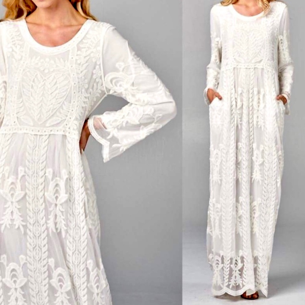 Boho Chic White Lace Maxi Dress Pocket Long Sleeve